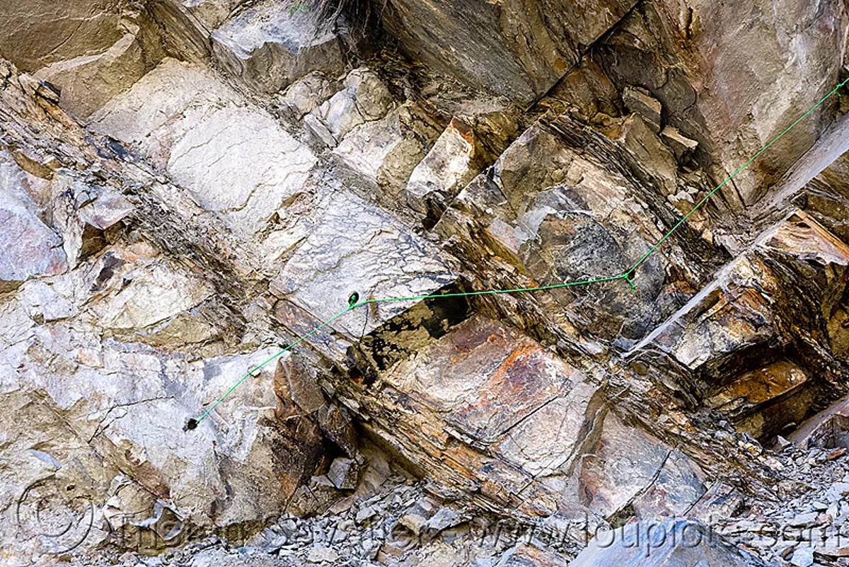 holes with dynamite and fuses - drilling and blasting - near keylong - manali to leh road (india), dynamite blasting, explosive, fuzes, groundworks, road construction, roadworks, rock blasting, stock photo