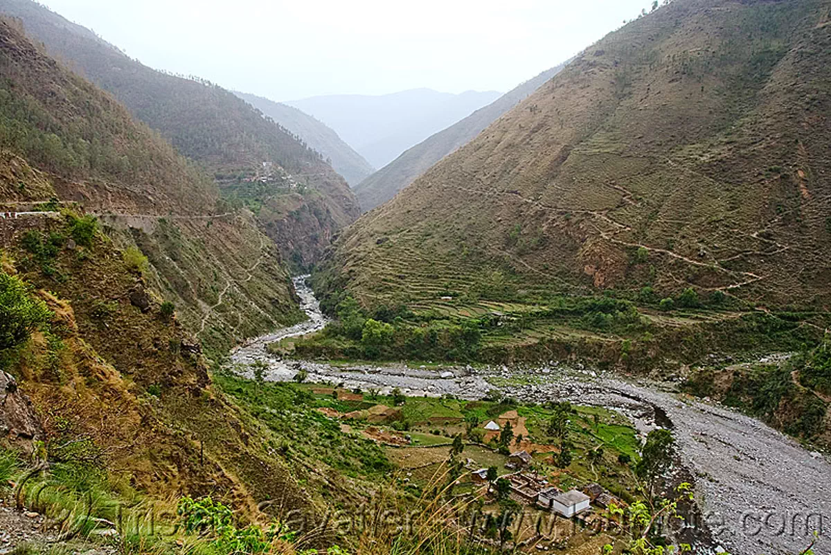 valley - road to ani - near jalori pass (india), canyon, gorge, river, roads, village, stock photo