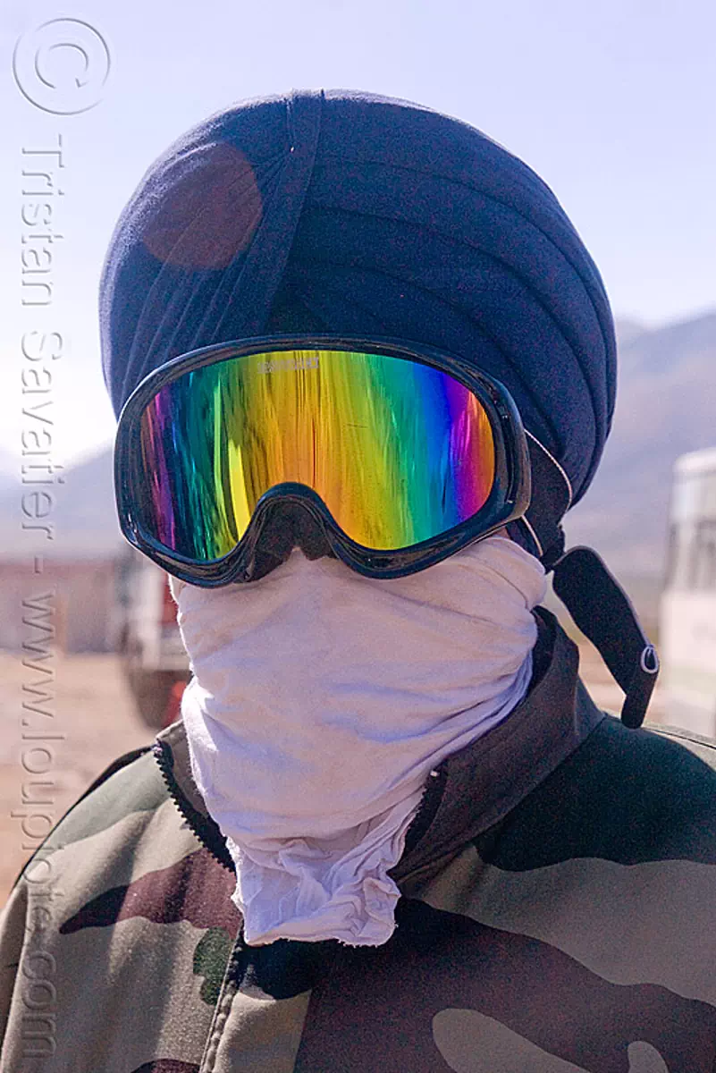 indian sikh military personel at sarchu - manali to leh road (india), goggles, ladakh, mirror sunglasses, rainbow colors, reflection, sikhism, stock photo