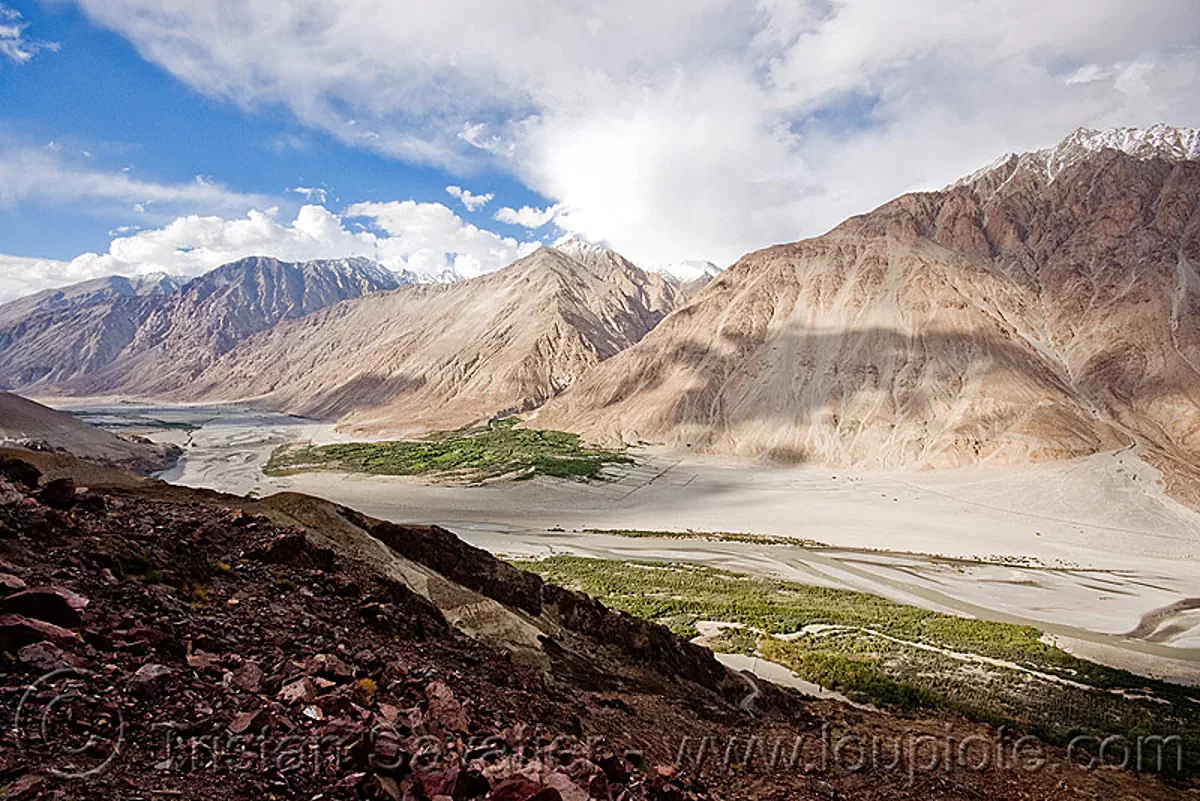 nubra valley - ladakh (india), mountains, river bed, satti, stock photo