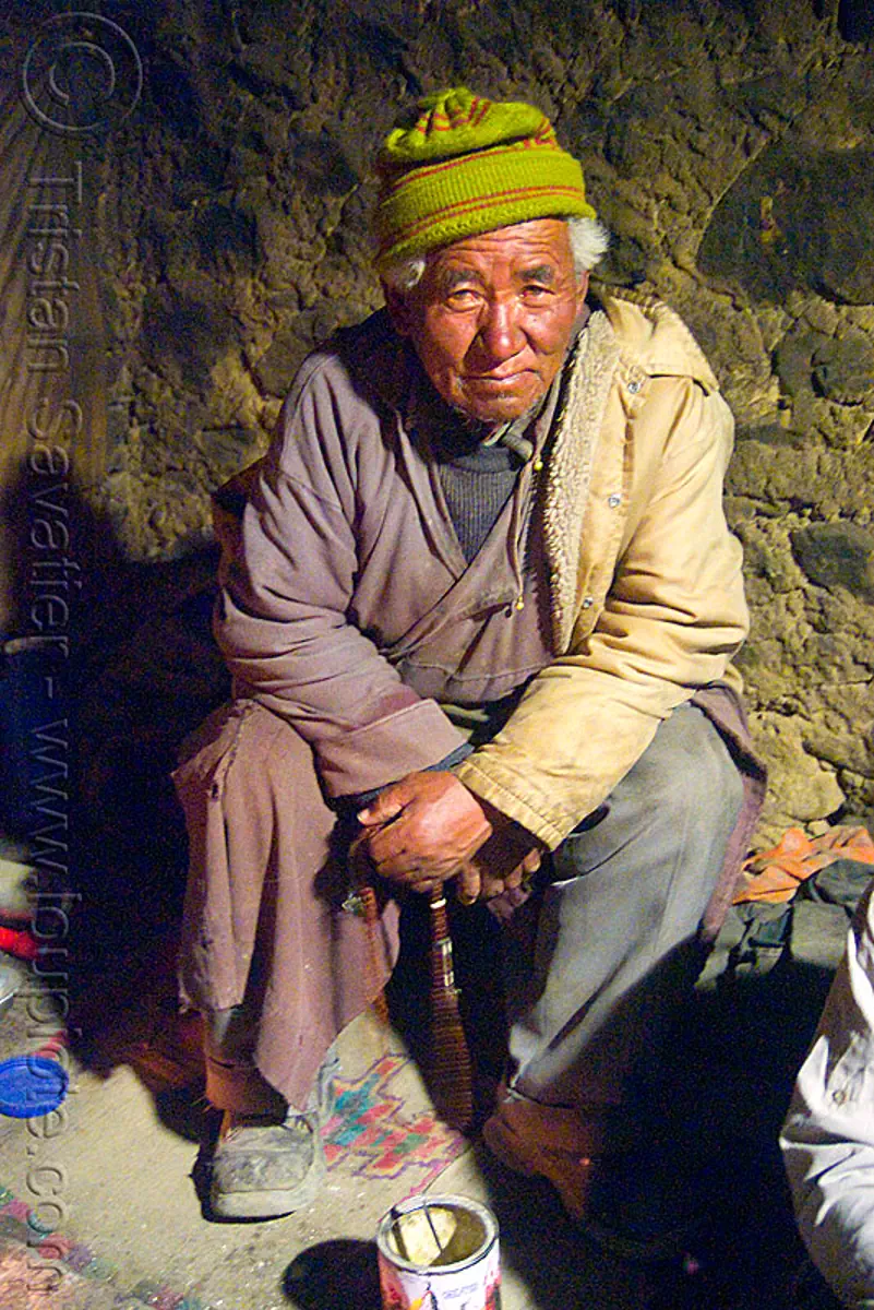 old farmer in his house - pangong lake - ladakh (india), old man, pan, spangmik, stock photo