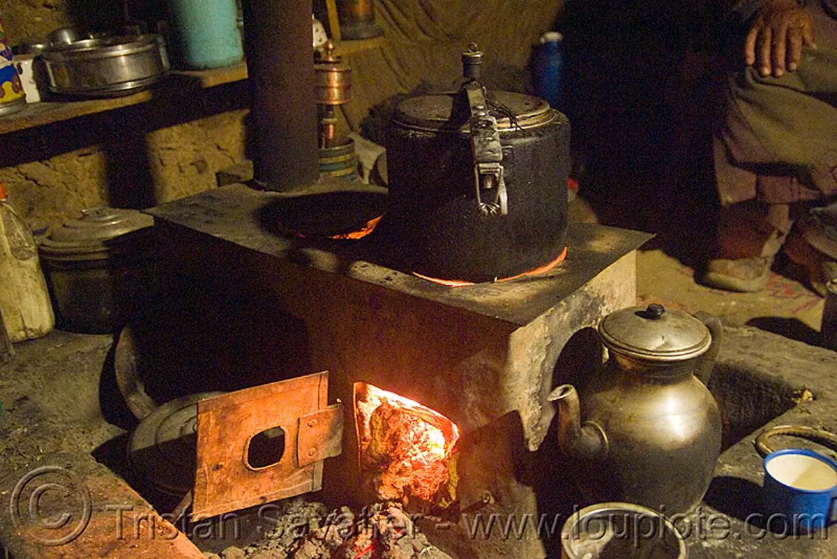kitchen stove, ladakh, spangmik, wood stove, stock photo