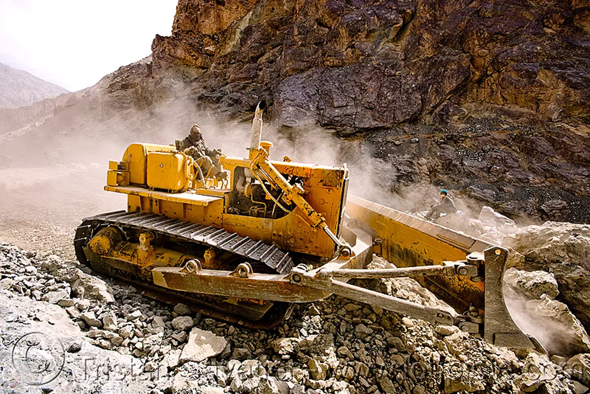 bulldozer clearing boulders - road construction - ladakh (india), bd80, beml, dozer, dust, groundworks, heavy equipment, hydraulic, machinery, roadworks, rubble