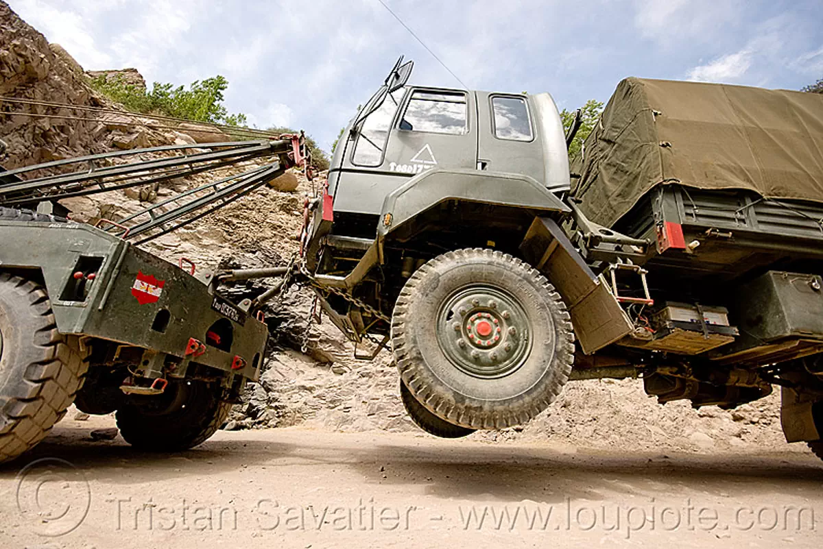 towed military truck - ladakh (india), army truck, indian army, lorry, road, tow truck, trucks, stock photo