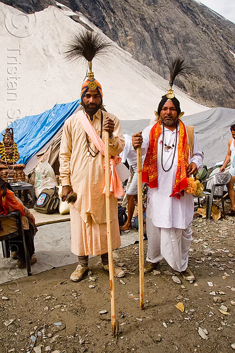 sadhus (hindu holy men) with ceremonial head dresses - amarnath yatra (pilgrimage) - kashmir, amarnath cave, babas, man, mountains, pilgrims, s&acirc;dhu, trekking, yatris, अमरनाथ गुफा, stock photo