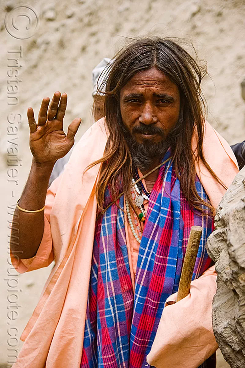 sadhu (hindu holy man) on trail - amarnath yatra (pilgrimage) - kashmir, amarnath cave, baba, beard, bearded, mountain trail, mountains, pilgrim, s&acirc;dhu, trekking, yatris, अमरनाथ गुफा, stock photo