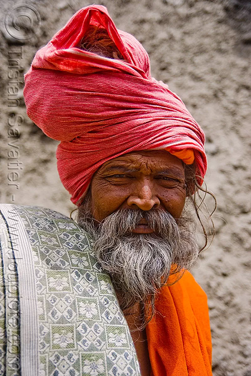 sadhu (hindu holy man) - amarnath yatra (pilgrimage) - kashmir, amarnath cave, baba, beard, bearded, mountain trail, mountains, old man, pilgrim, s&acirc;dhu, trekking, yatris, अमरनाथ गुफा, stock photo