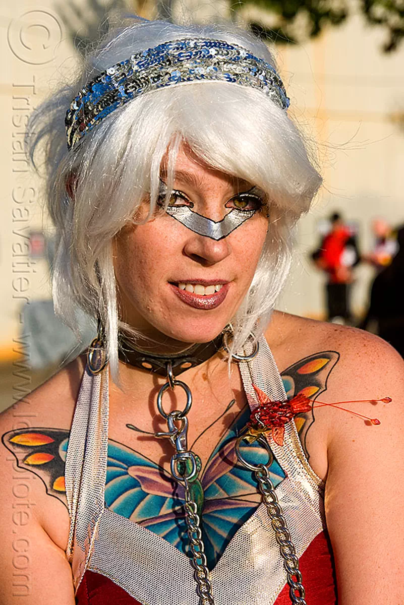 butterfly tattoo, chain, collar, islais creek promenade, lily, makeup, silver wig, superhero street fair, tattooed, white wig
