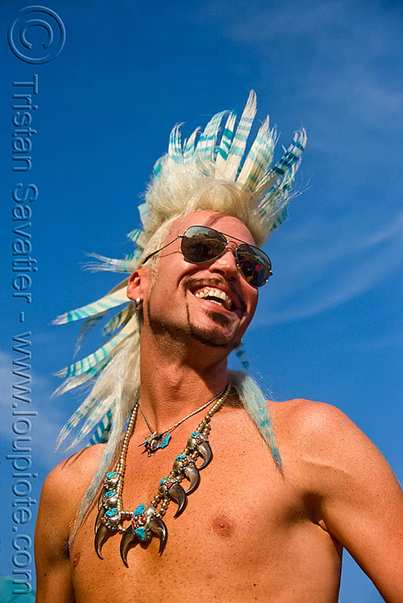 andrew marlin with feather-like mohawk - folsom street fair 2009 (san francisco), claws, fair folsom, hair extensionset, man, mohawk hair, necklace, street folsom, sunglasses, white