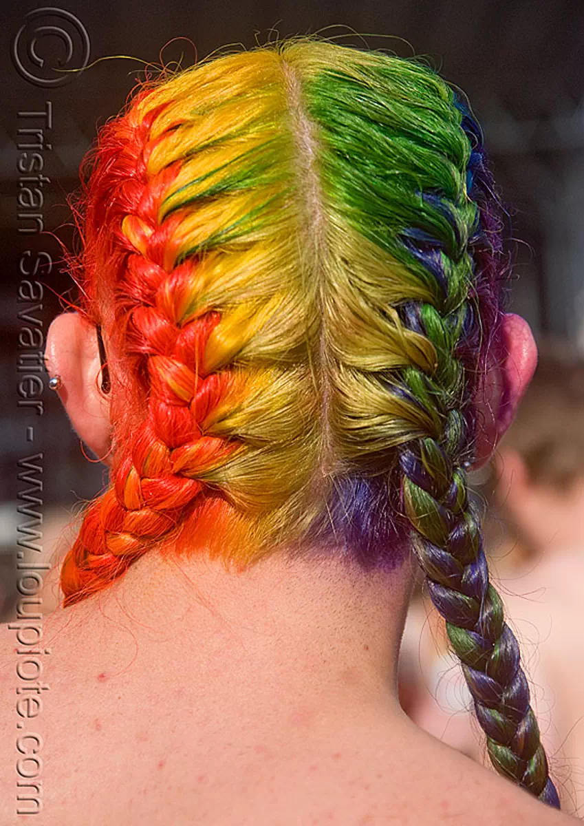 rainbow hair braids, braided, colored, folsom street fair, hair color, man, rainbow colors, stock photo