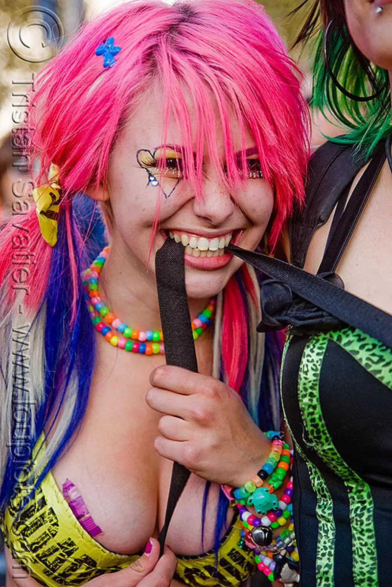 pink hair kandi kid, beads, bracelets, cleavage, festival, kandi raver, love fest, lovevolution, necklaces, plur, stock photo