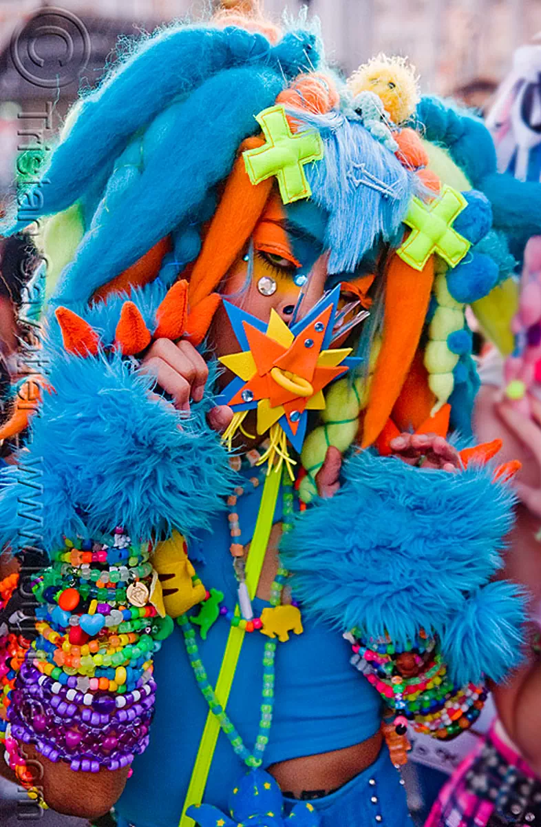kandi kid digi monstarr in blue fuzzy outfit, costume, cyber fashion, cyber monster, dreadfalls, festival, furry, kandi raver, love fest, lovevolution, neon color, plur, stock photo