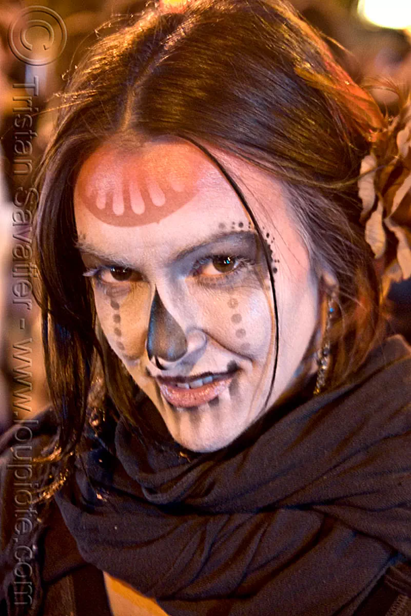 stencil airbrush skull face paint - woman - dia de los muertos - halloween (san francisco), day of the dead, face painting, facepaint, icarus zaure, jessica, night, sugar skull makeup, stock photo
