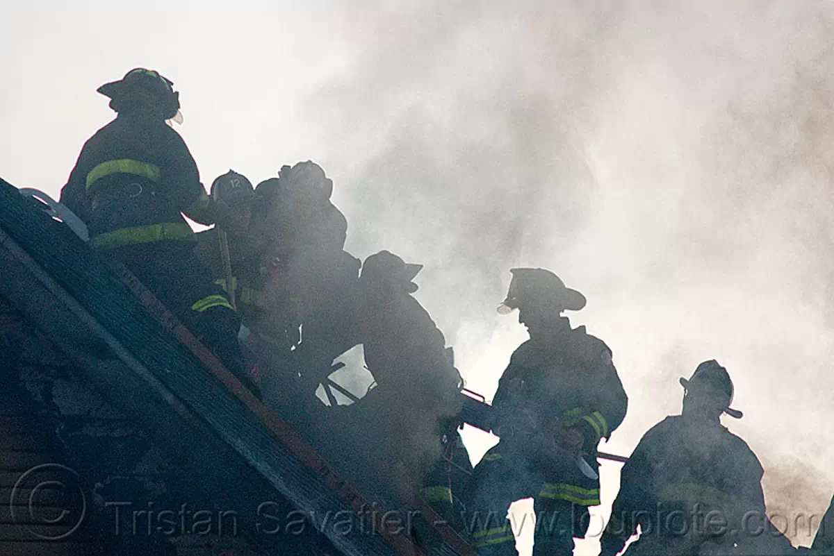 firefighters - SFFD (san francisco fire department), firemen, roof, silhouettes, smoke