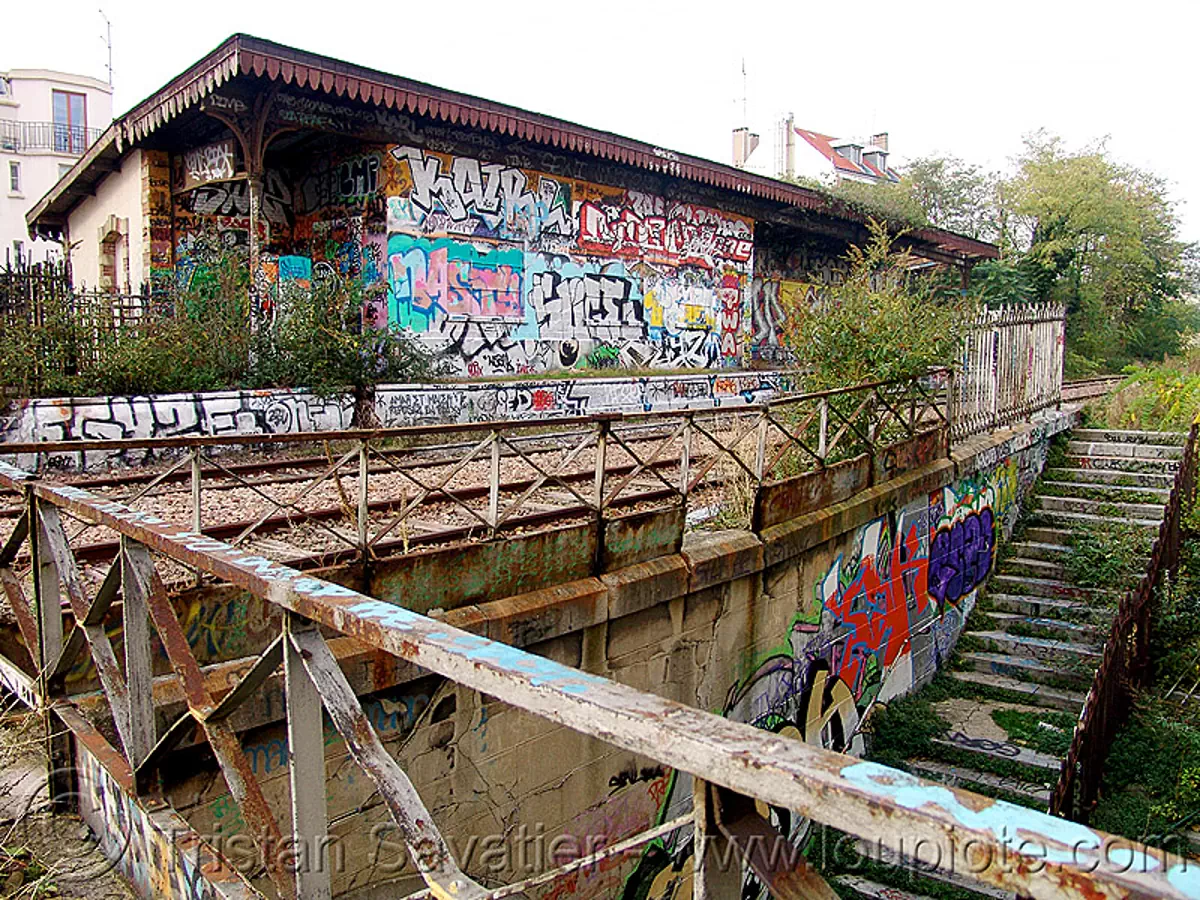 abandoned train station - petite ceinture - abandoned railway (paris, france), graffiti, railroad, rails, trespassing, urban exploration, stock photo