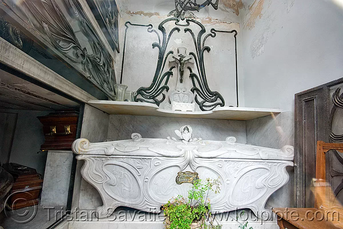 art nouveau sarcophagus in crypt - recoleta cemetery (buenos aires), grave, graveyard, jugendstil, tomb, vault, stock photo