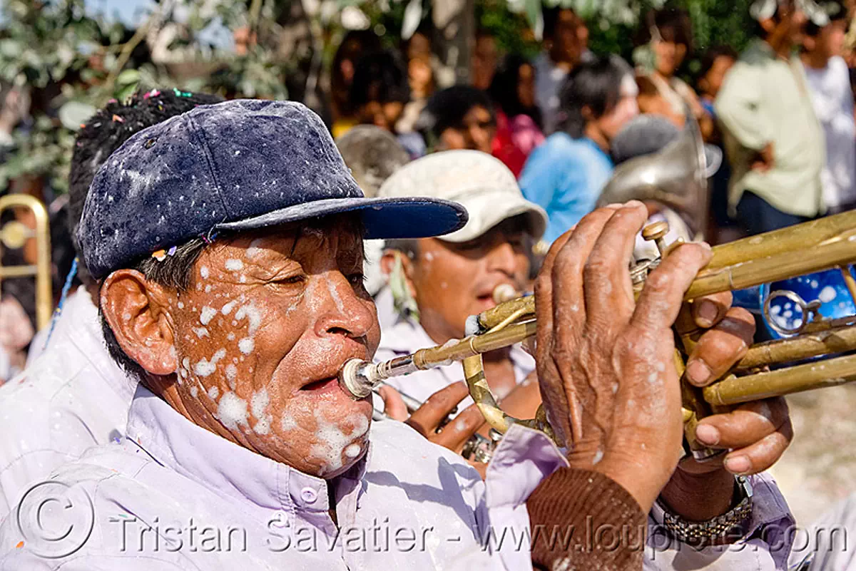 trumpet player - banda rey imperial from potosi - carnaval - carnival in jujuy capital (argentina), man, marching band, noroeste argentino, san salvador de jujuy, stock photo
