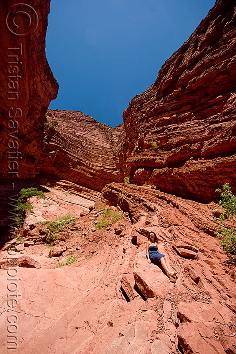 woman in canyon - garganta del diablo - quebrada de las conchas, near cafayate (argentina), aurelie, aur&eacute;lie, calchaqu&iacute; valley, cliffs, mountains, noroeste argentino, quebrada de cafayate, rock, valles calchaqu&iacute;es, stock photo