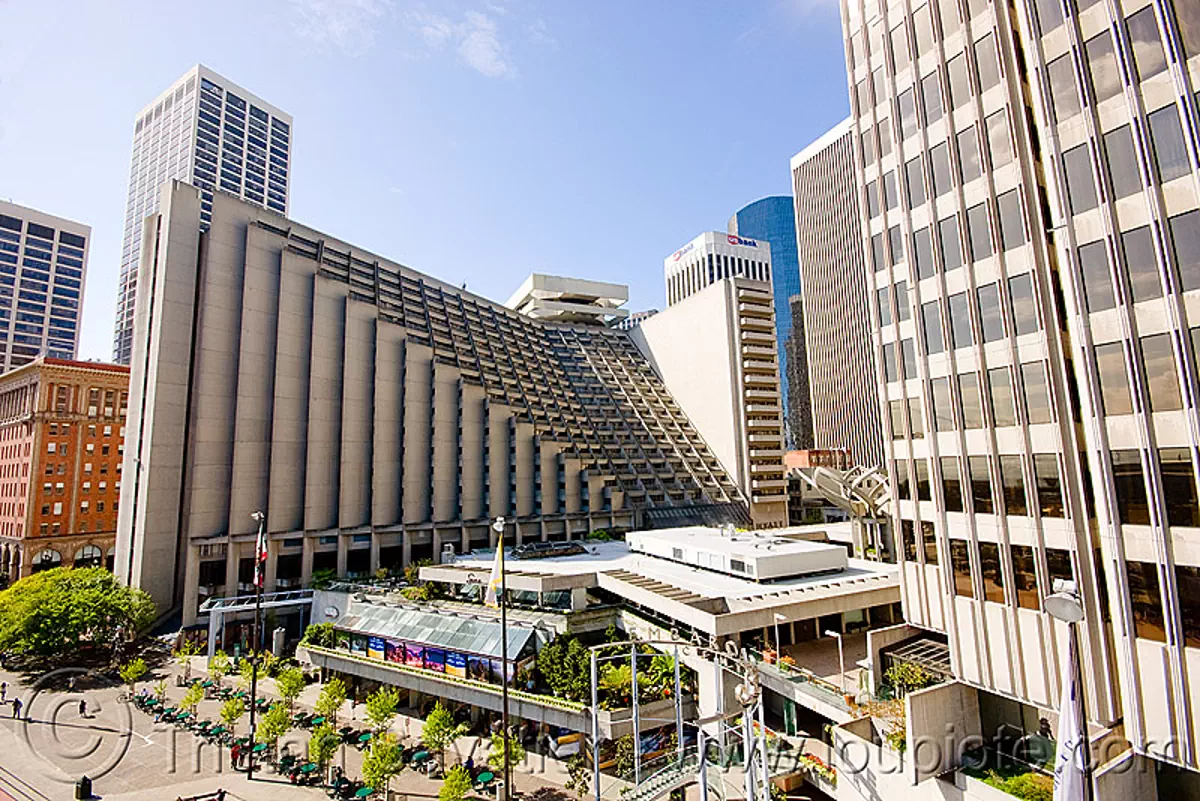 embarcadero center (san francisco), buildings, downtown, justin herman plaza, tower, tyrolienne, urban, zip line, stock photo