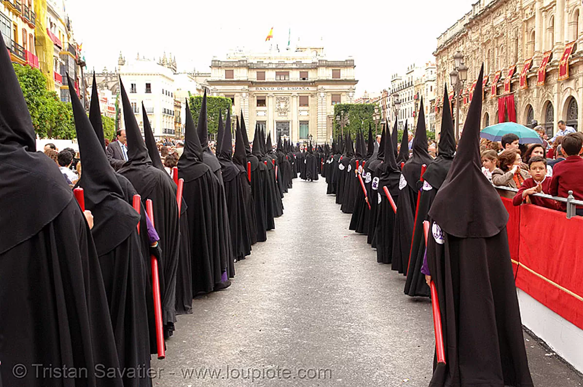 hermandad de san bernardo - plaza de san francisco - semana santa en sevilla, andaluc&iacute;a, candles, capirotes, cofrad&iacute;a, easter, espa&ntilde;a, nazarenos, parade, procesi&oacute;n, procession, religion, spain, stock photo