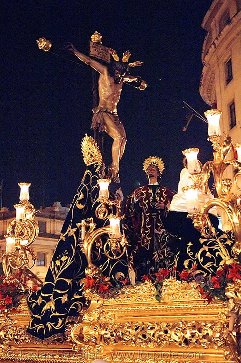 hermandad de las siete palabras - semana santa en sevilla, andaluc&iacute;a, candles, capirotes, cofrad&iacute;a, easter, espa&ntilde;a, nazarenos, night, parade, paso de cristo, procesi&oacute;n, procession, religion, spain, stock photo