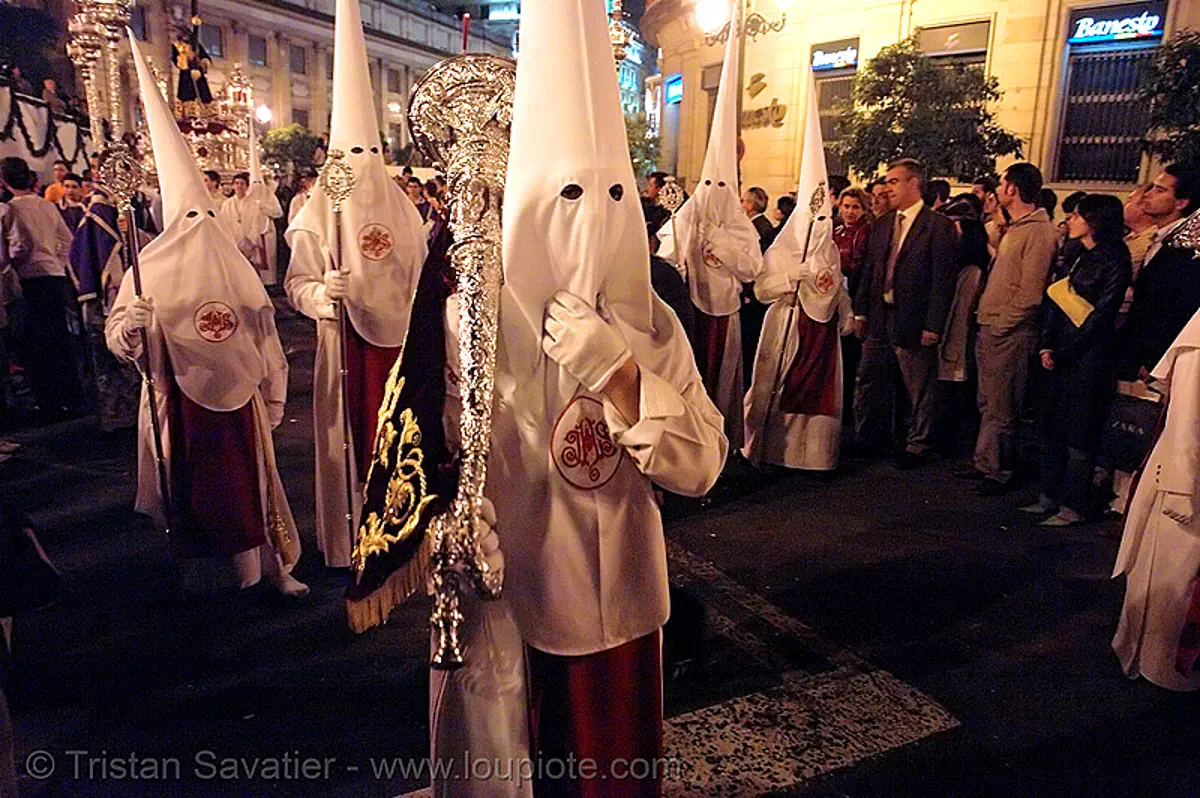 hermandad de las siete palabras - semana santa en sevilla, andaluc&iacute;a, candles, capirotes, cofrad&iacute;a, easter, espa&ntilde;a, nazarenos, night, parade, procesi&oacute;n, procession, religion, spain, stock photo
