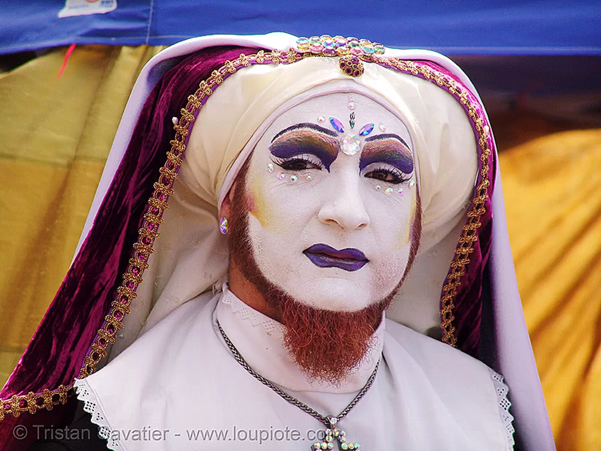 the sisters of perpetual indulgence - nun - easter sunday in dolores park, san francisco, drag, hunky jesus contest, makeup, man, nuns, white