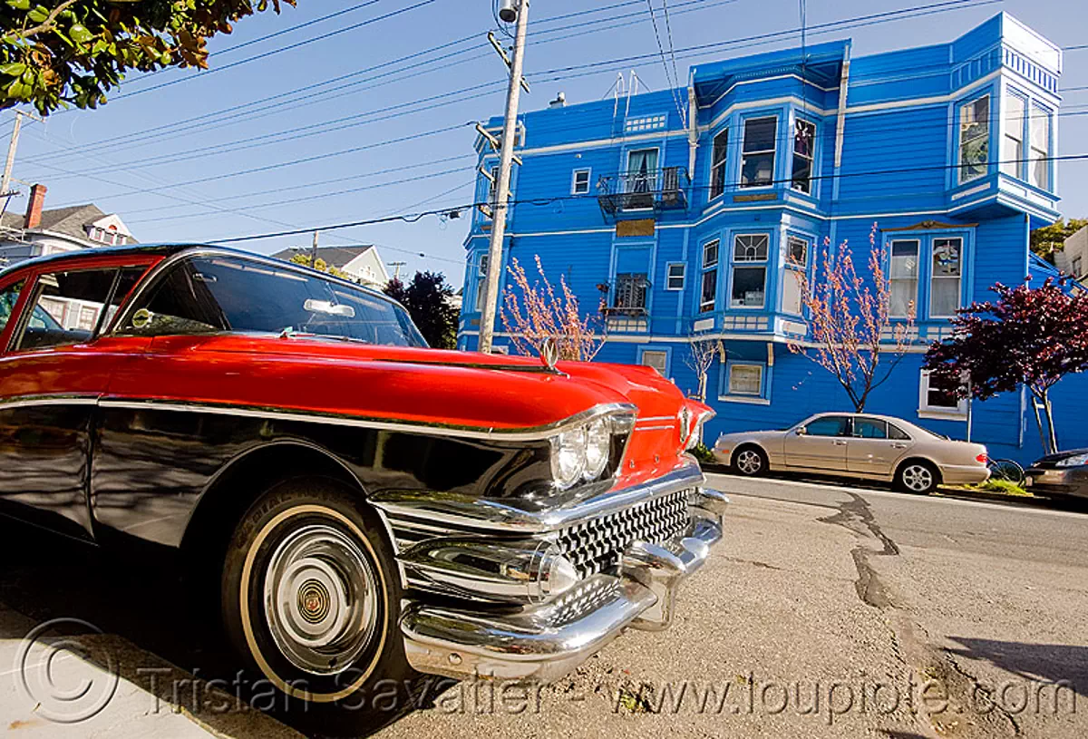 1958 buick special coupe - red - blue house (san francisco), automobile, classic car, front, victorian house