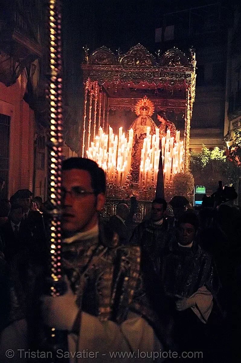 hermandad del silencio - semana santa en sevilla, andaluc&iacute;a, candles, capirotes, cofrad&iacute;a, easter, el silencio, espa&ntilde;a, nazarenos, night, parade, procesi&oacute;n, procession, religion, spain, stock photo