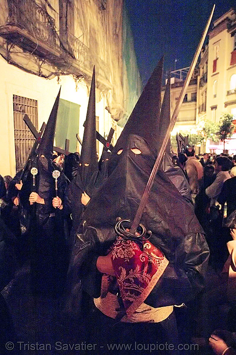 hermandad del silencio - semana santa en sevilla, andaluc&iacute;a, candles, capirotes, cofrad&iacute;a, easter, el silencio, espa&ntilde;a, nazarenos, night, parade, procesi&oacute;n, procession, religion, spain, stock photo