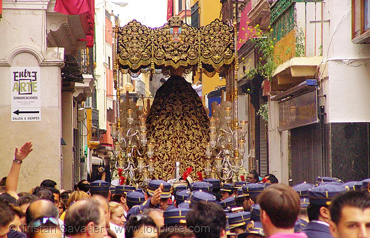 maria santisima del refugio - hermandad de san bernardo - semana santa en sevilla, andaluc&iacute;a, capirotes, cofrad&iacute;a, easter, espa&ntilde;a, mar&iacute;a sant&iacute;sima del refugio, nazarenos, parade, paso de la virgen, procesi&oacute;n, procession, religion, spain, virgin mary, stock photo