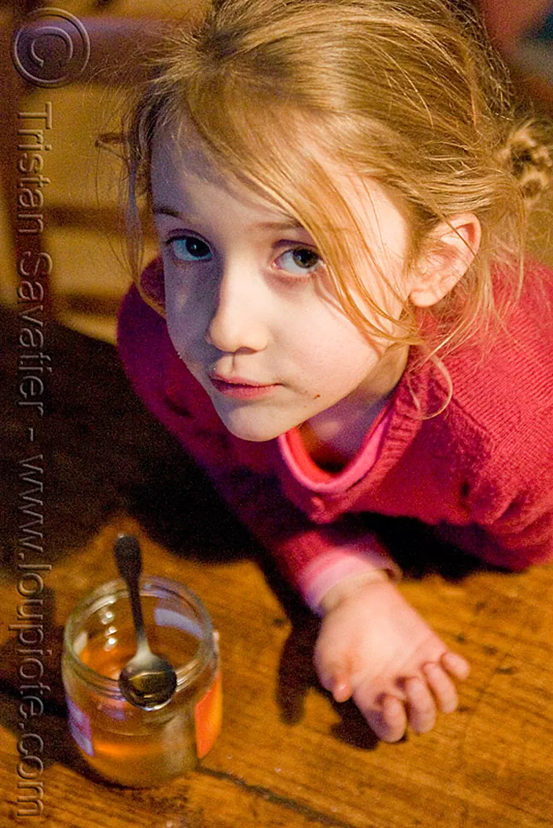 kid - honey pot, apolline, blond, blonde, breakfast, child, girl, stock photo