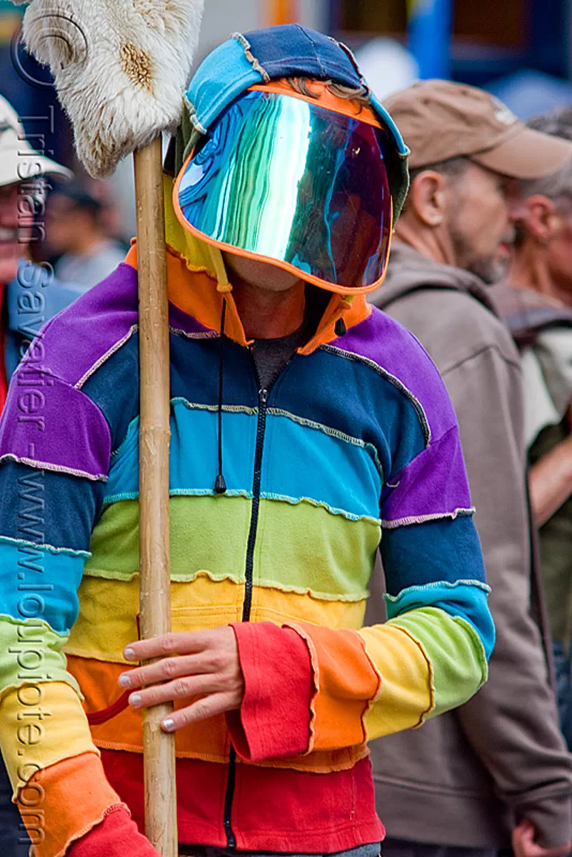 rainbow hooded sweatshirt - mirror visor (san francisco), helmet, how weird festival, rainbow colors, stock photo