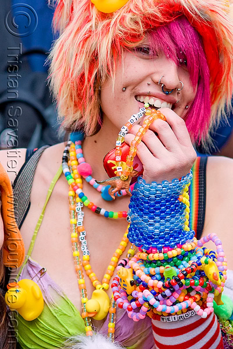kandi kid, ashley, beads, bracelets, bridge piercing, cheek piercing, fluffy, fuzzy, hat, how weird festival, kandi cuffs, kandi raver, nose piercing, nostril piercing, pink hair, plur, rubber ducky, septum piercing