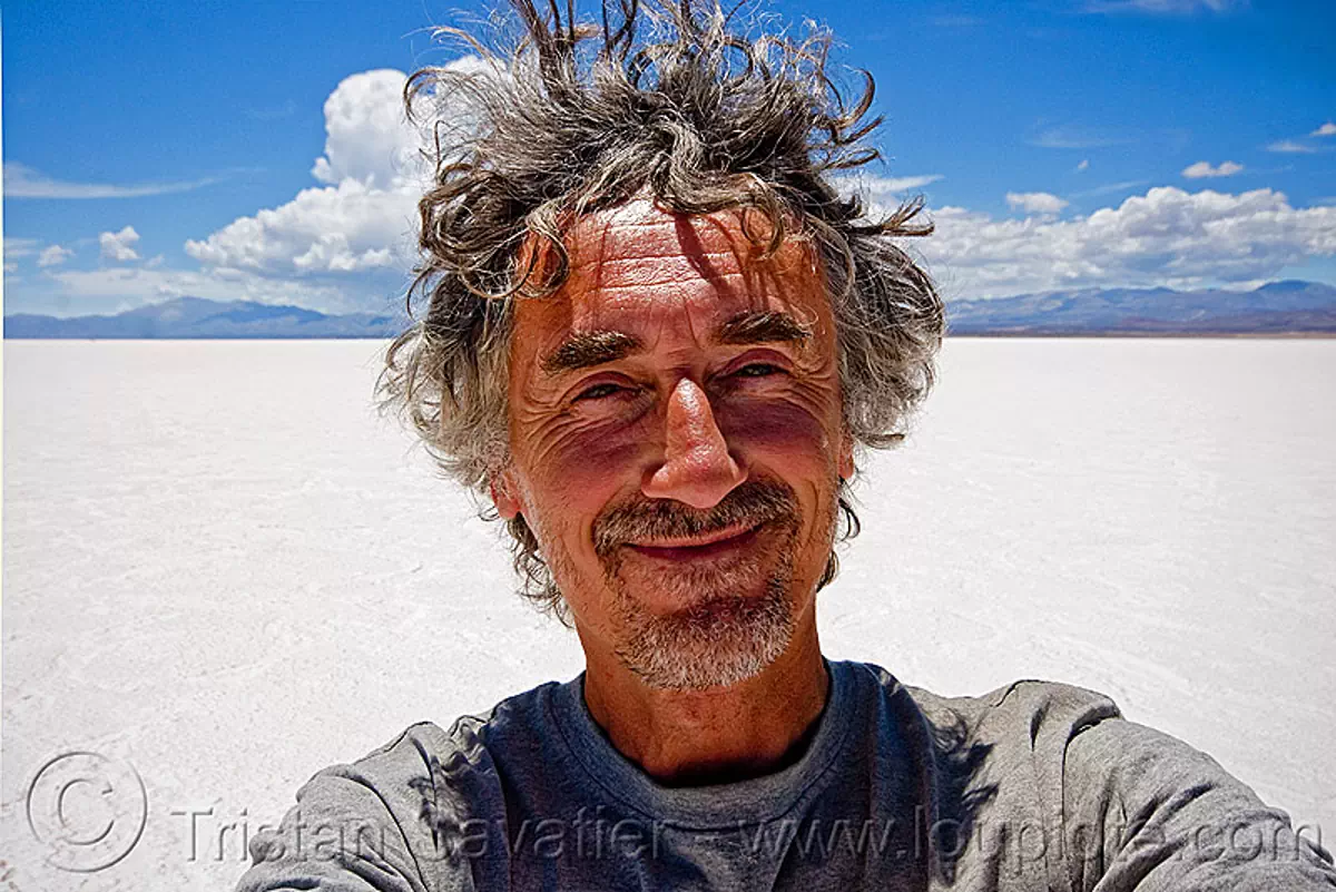 tristan savatier - salinas grandes - salt flat - salar (argentina), blue sky, halite, horizon, jujuy, man, noroeste argentino, rock salt, salt bed, salt flats, salt lake, self portrait, white, stock photo