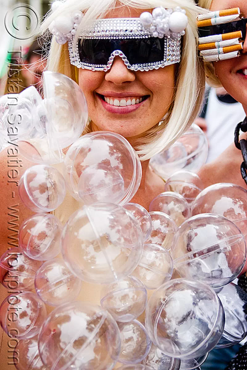 plastic bubbles costume, woman