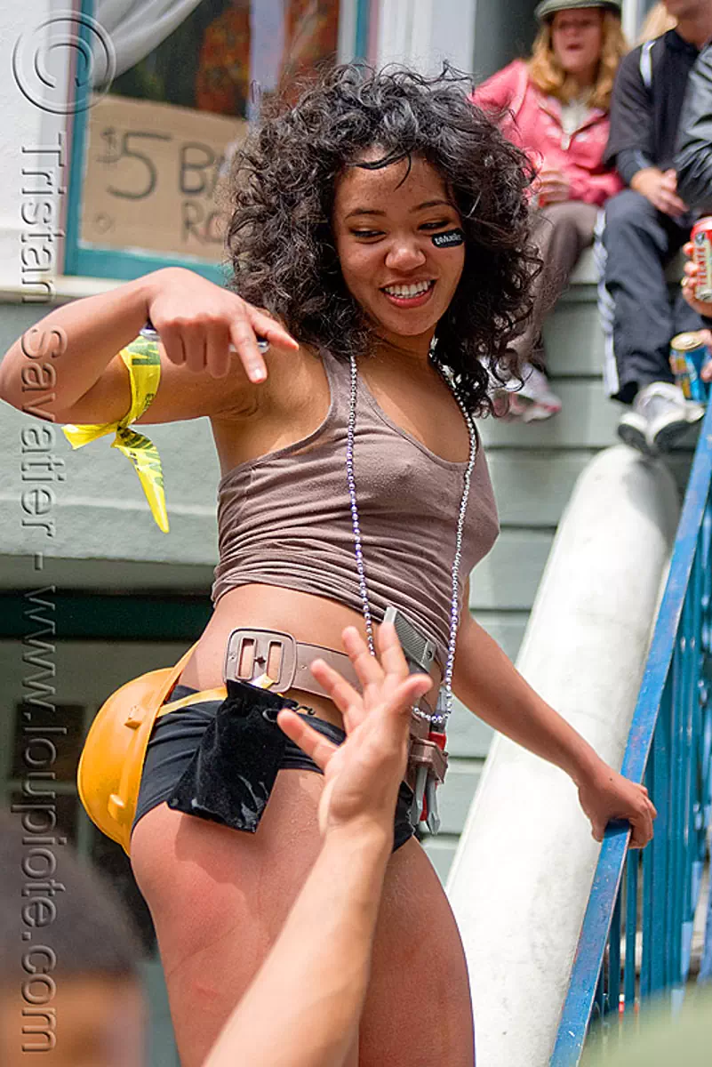 young woman dancing - house party - bay to breakers (san francisco), costume, festival, footrace, street party, stock photo