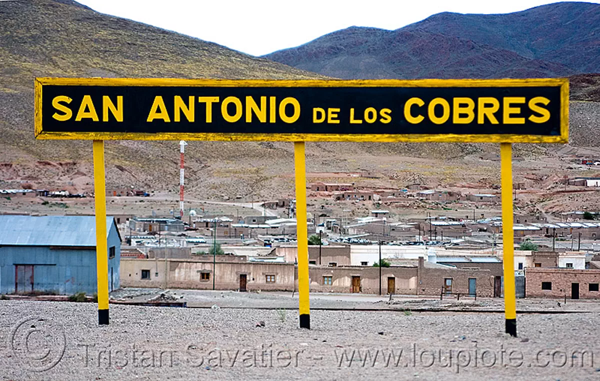 san antonio de los cobres (argentina), noroeste argentino, railroad, railway, sign, train station, tren a las nubes, stock photo