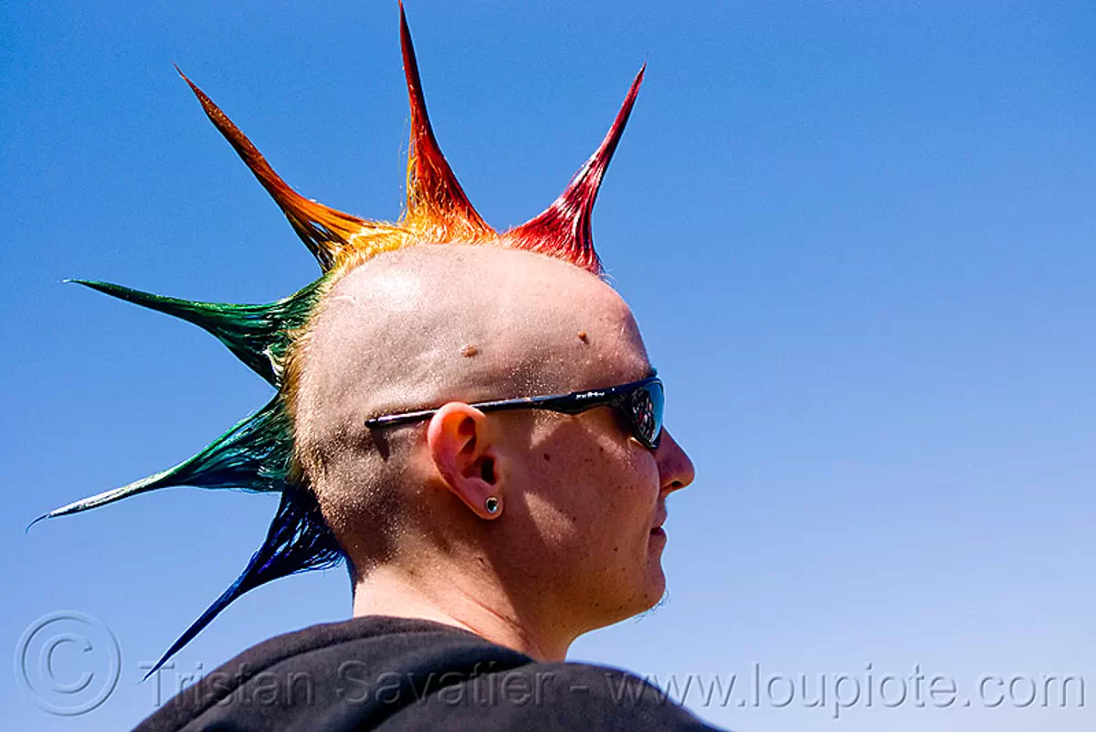 rainbow spiky hair - woman, dolores park, gay pride festival, rainbow colors, rainbow hair, rainbow spikes, stock photo