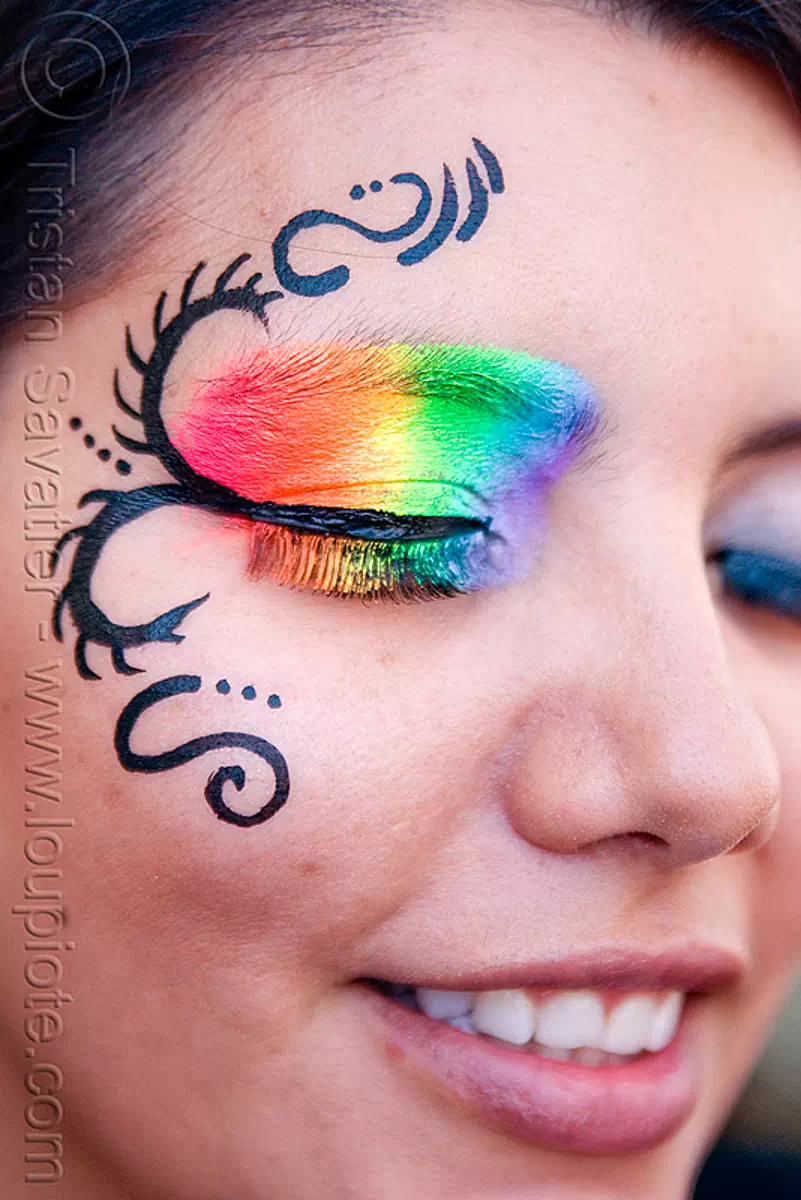 rainbow eye makeup, dolores park, eye makup, face painting, facepaint, gay pride festival, rainbow colors, rainbow makeup, stock photo