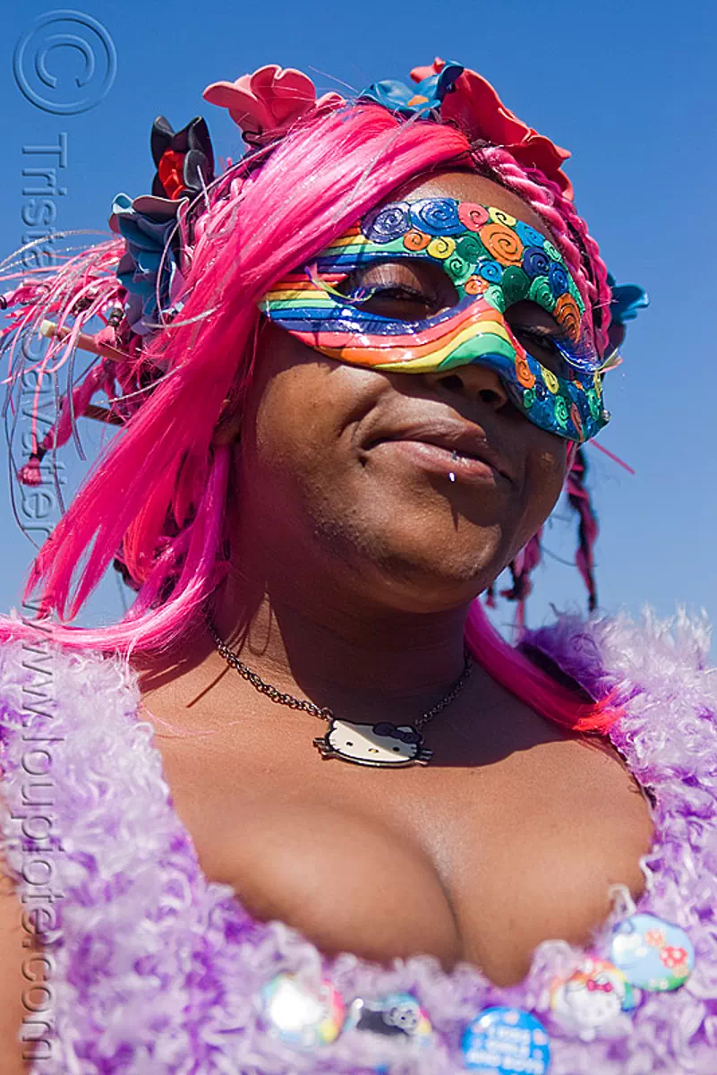 rainbow carnival mask, dolores park, gay pride festival, hello kitty, lip piercing, pink hair, pink wig, rainbow colors, stock photo