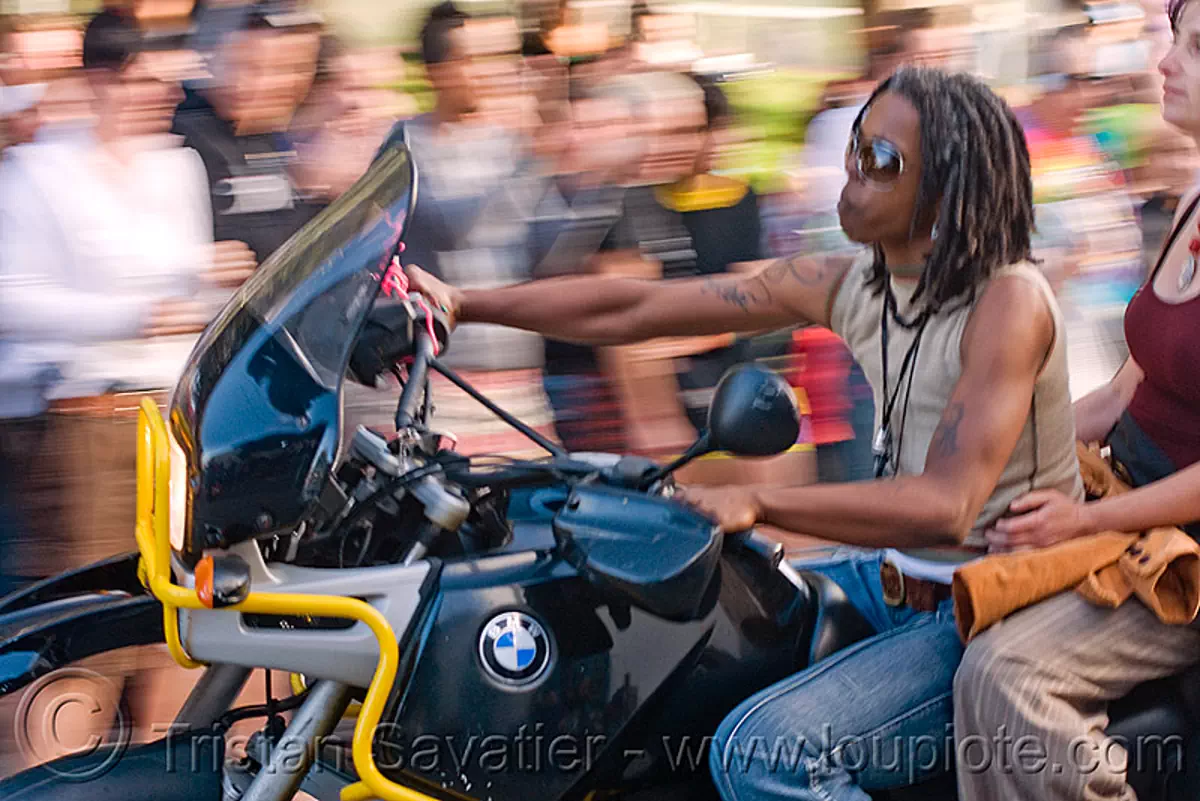 women on BMW R1100GS motorcycle, dolores park, dykes on bikes, gay pride festival, motorbike, parade, stock photo