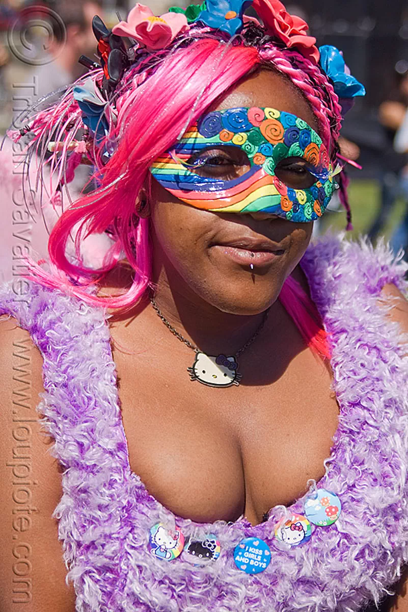 rainbow carnival mask, dolores park, gay pride festival, hello kitty, lip piercing, pink hair, pink wig, rainbow colors, stock photo