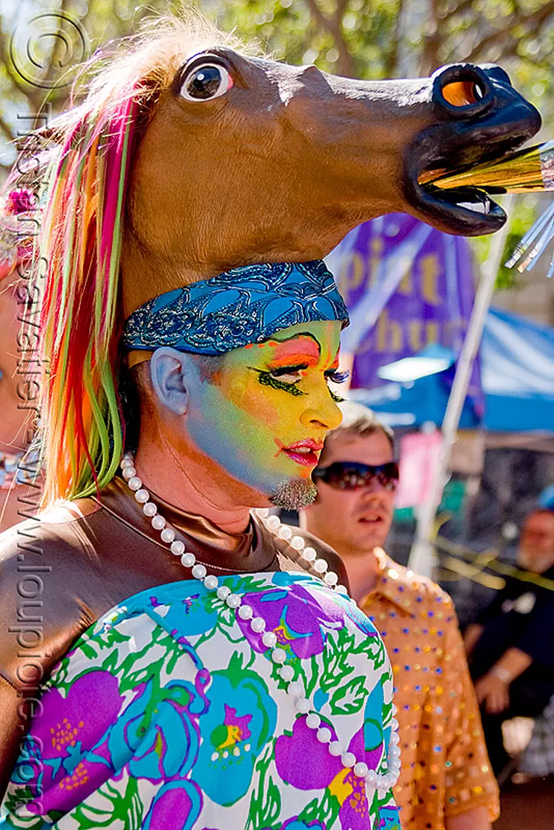 sisters or pertual indusgence - horse head headdress, face painting, facepaint, gay pride festival, headwear, makeup, man, sisters of perpetual indulgence, stock photo