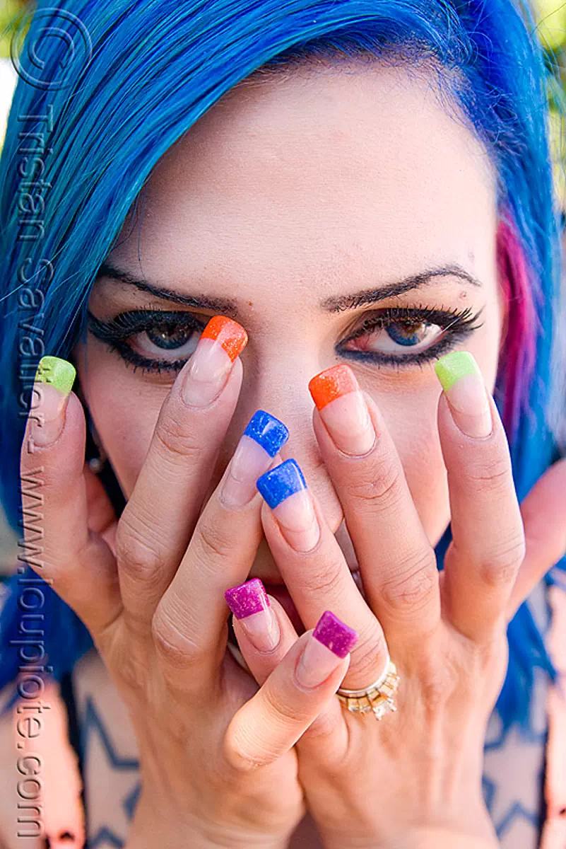 woman with colored nails - blue hair jen, blue contact lenses, blue contacts, color contact lenses, colored fingernails, colored lenses, gay pride festival, jenny, stock photo