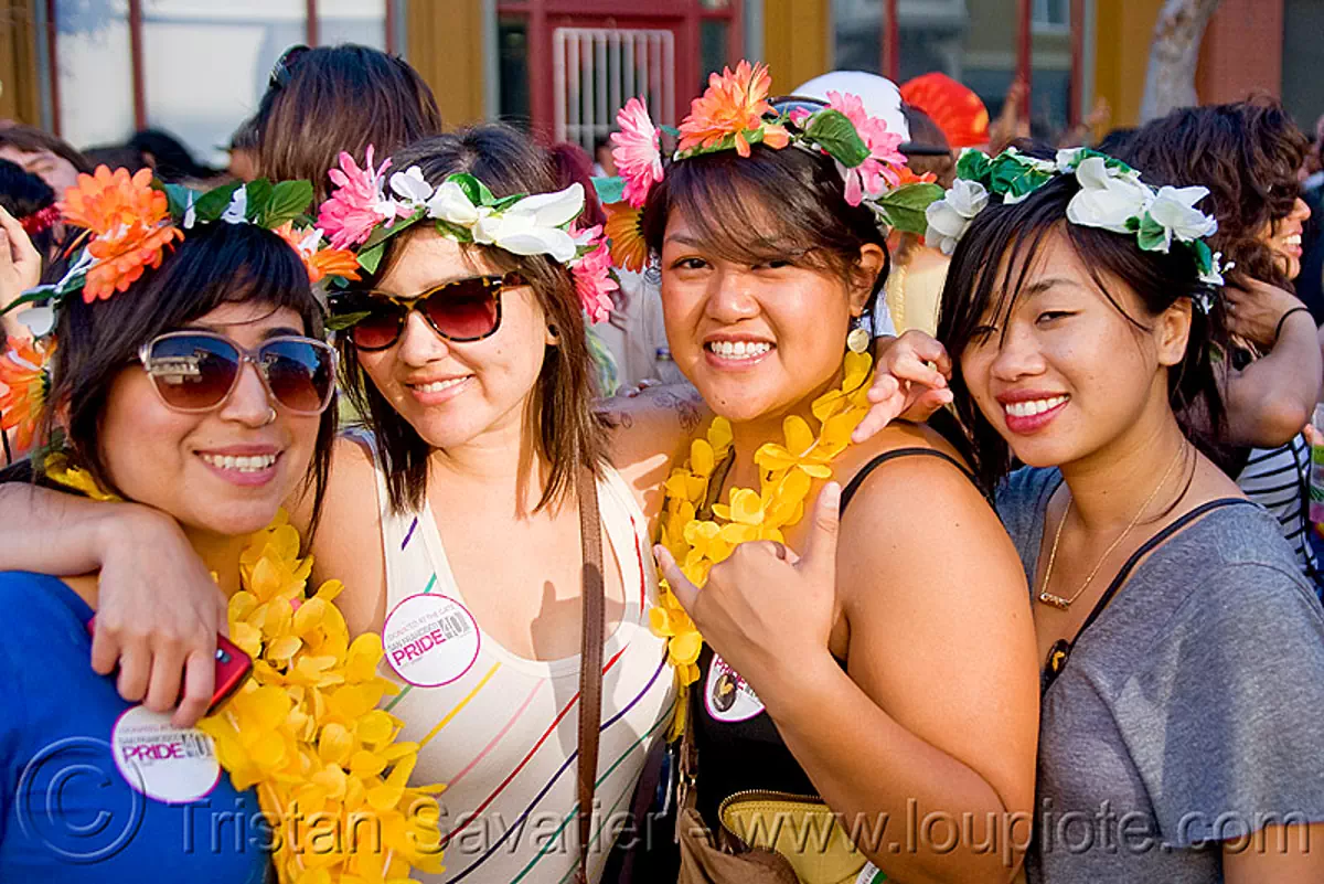 girls with flower headdresses, flowers, gay pride festival, headdress, women, stock photo