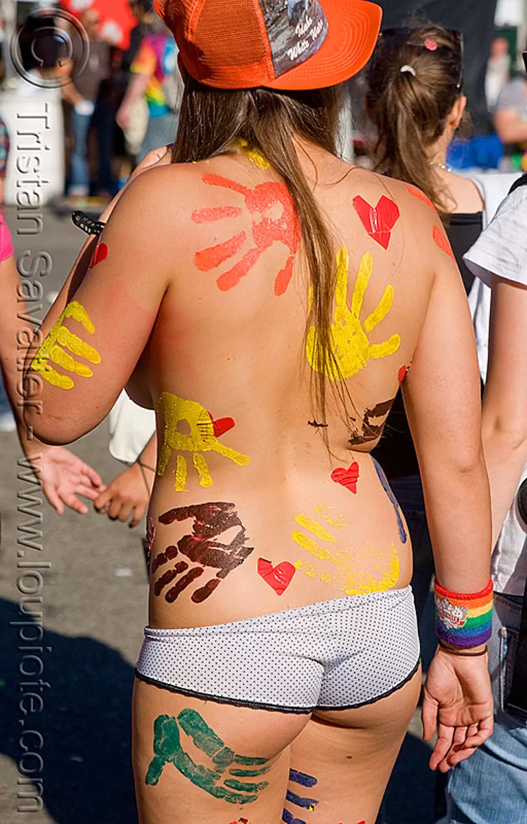 woman with painted hands body painting, body paint, gay pride festival, stock photo