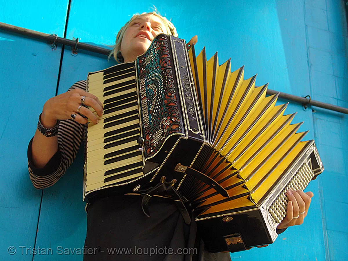 playing accordion, accordeon, accordion player, anderson system, blue, haight street, piano accordion, sparrow, yellow, stock photo