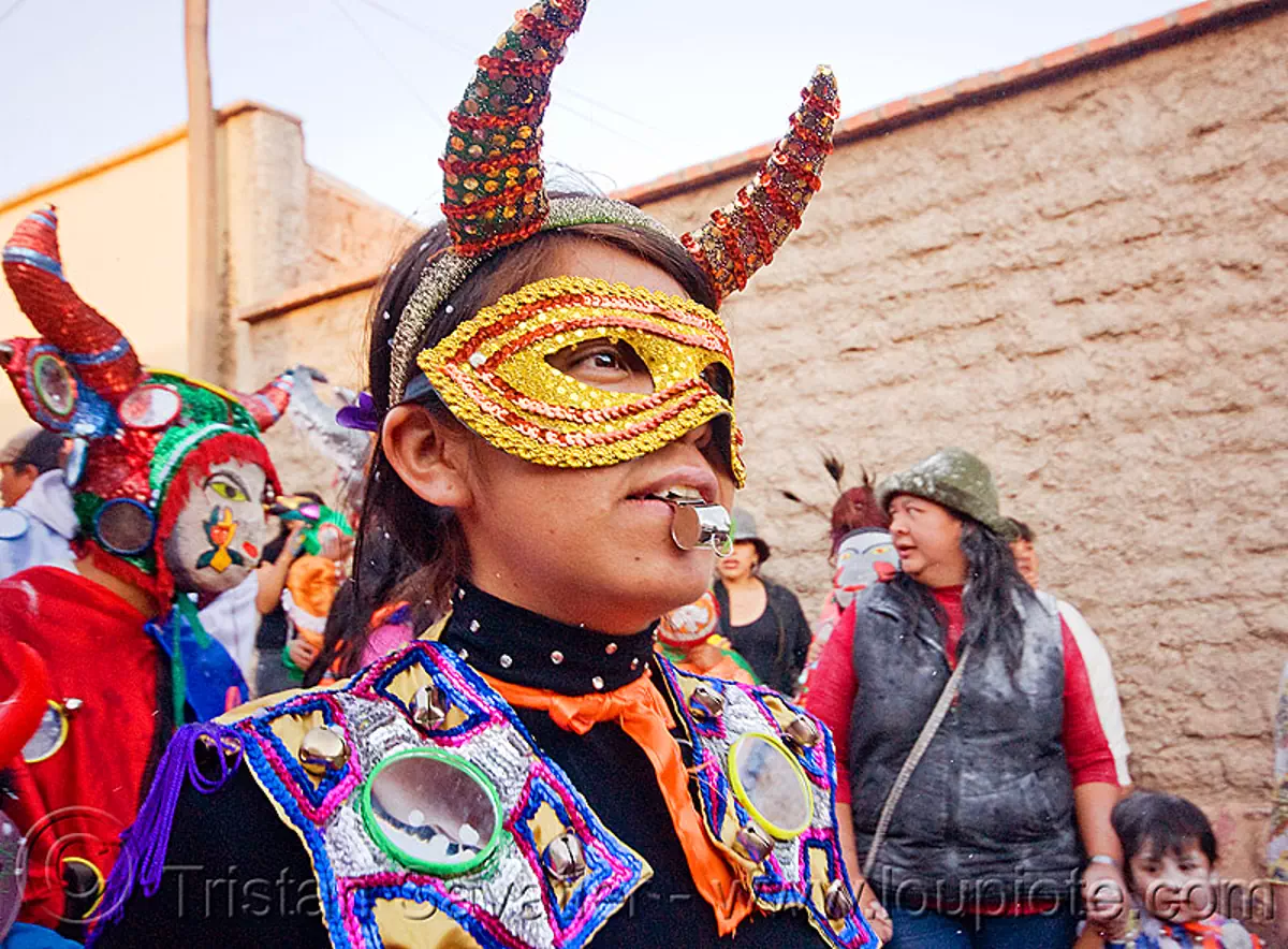 diabla with whistle - carnaval de humahuaca (argentina), carnival mask, costume, diablo carnavalero, diablo de carnaval, folklore, horns, mirrors, noroeste argentino, quebrada de humahuaca, tribal, stock photo