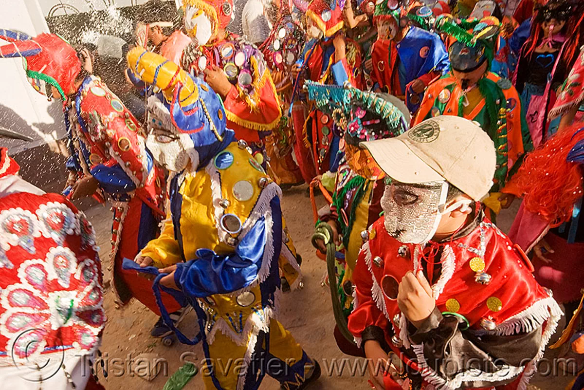 diablos de carnaval - comparsa los picaflores - carnaval de humahuaca (argentina), carnival, costume, diablo carnavalero, diablo de carnaval, folklore, horns, man, mask, mirrors, noroeste argentino, quebrada de humahuaca, tribal, stock photo